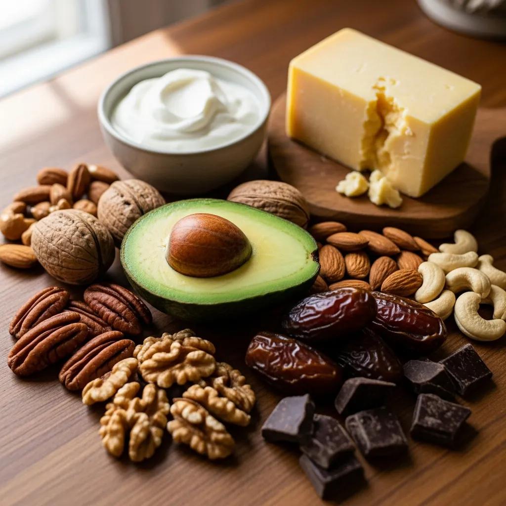 Kaloriendichte Lebensmittel wie Nüsse, Avocados und vollfette Milchprodukte für Muskelaufbau