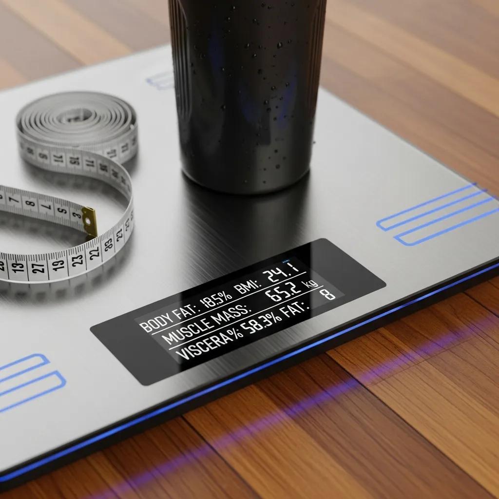 Nahaufnahme einer Körperfettwaage, Anzeige von Metriken mit Fitnessutensilien daneben