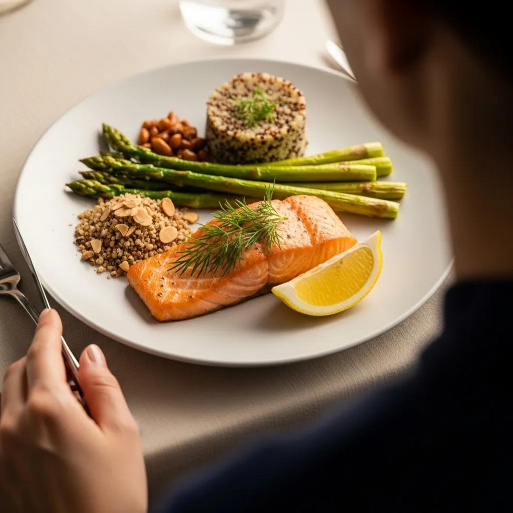 Nahaufnahme einer Person, die eine Mahlzeit bewusst und genussvoll isst — Beispiel für Mindful Eating