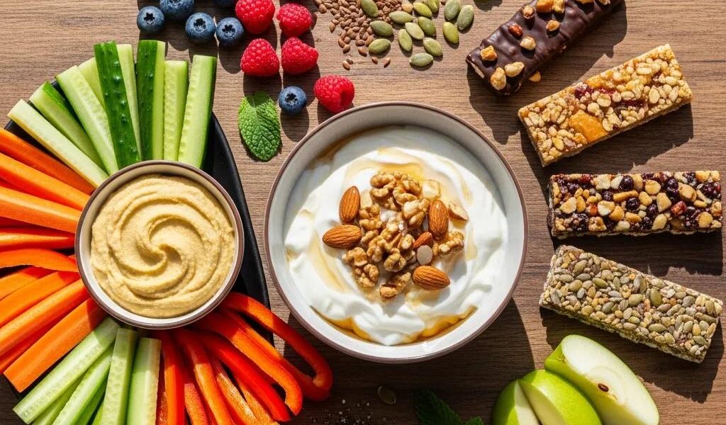 Colorful assortment of healthy snacks for endomorphs including yogurt, hummus, and nuts