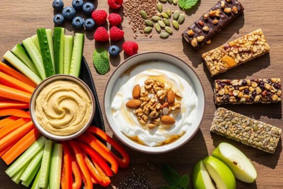Colorful assortment of healthy snacks for endomorphs including yogurt, hummus, and nuts