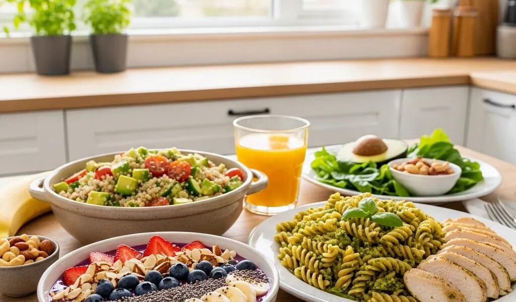 Buntes Arrangement kaloriendichter, gesunder Lebensmittel wie Smoothie-Bowl, Quinoa-Salat und Pasta &ndash; ideal f&uuml;r Ektomorphe