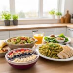 Buntes Arrangement kaloriendichter, gesunder Lebensmittel wie Smoothie-Bowl, Quinoa-Salat und Pasta – ideal für Ektomorphe