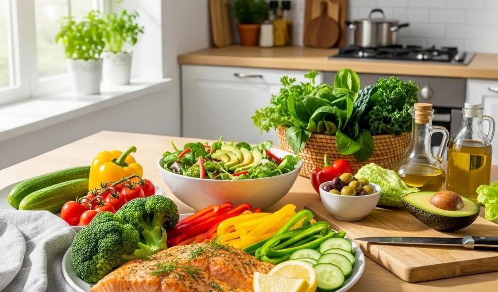 Colorful display of low carb foods including vegetables, proteins, and healthy fats in a bright kitchen