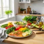 Colorful display of low carb foods including vegetables, proteins, and healthy fats in a bright kitchen