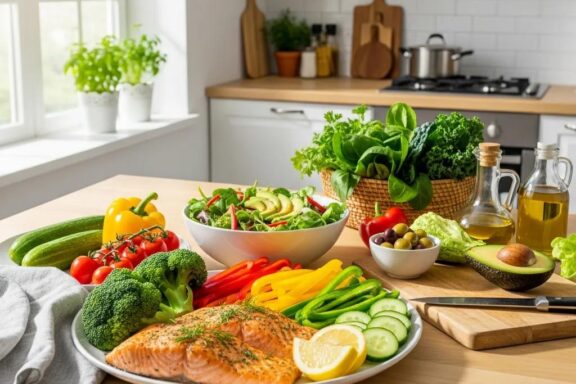 Colorful display of low carb foods including vegetables, proteins, and healthy fats in a bright kitchen