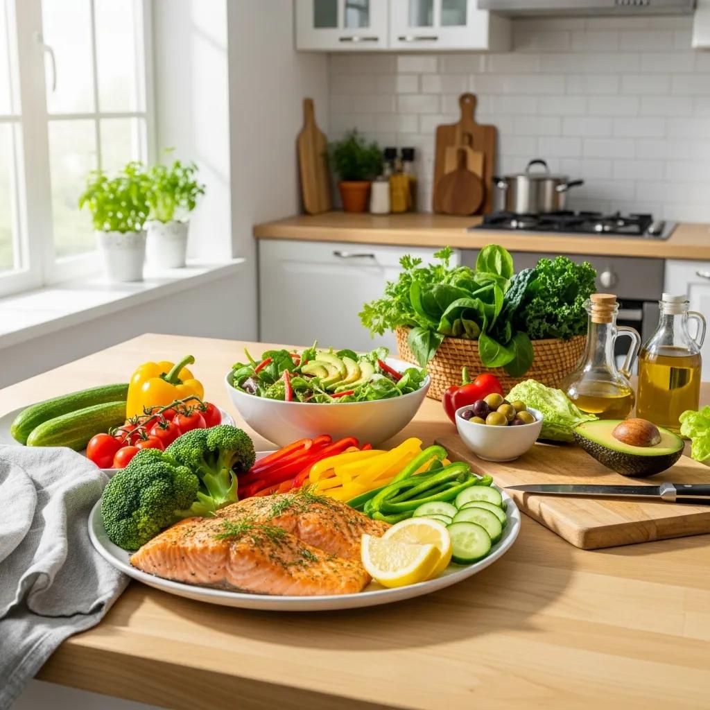 Colorful display of low carb foods including vegetables, proteins, and healthy fats in a bright kitchen