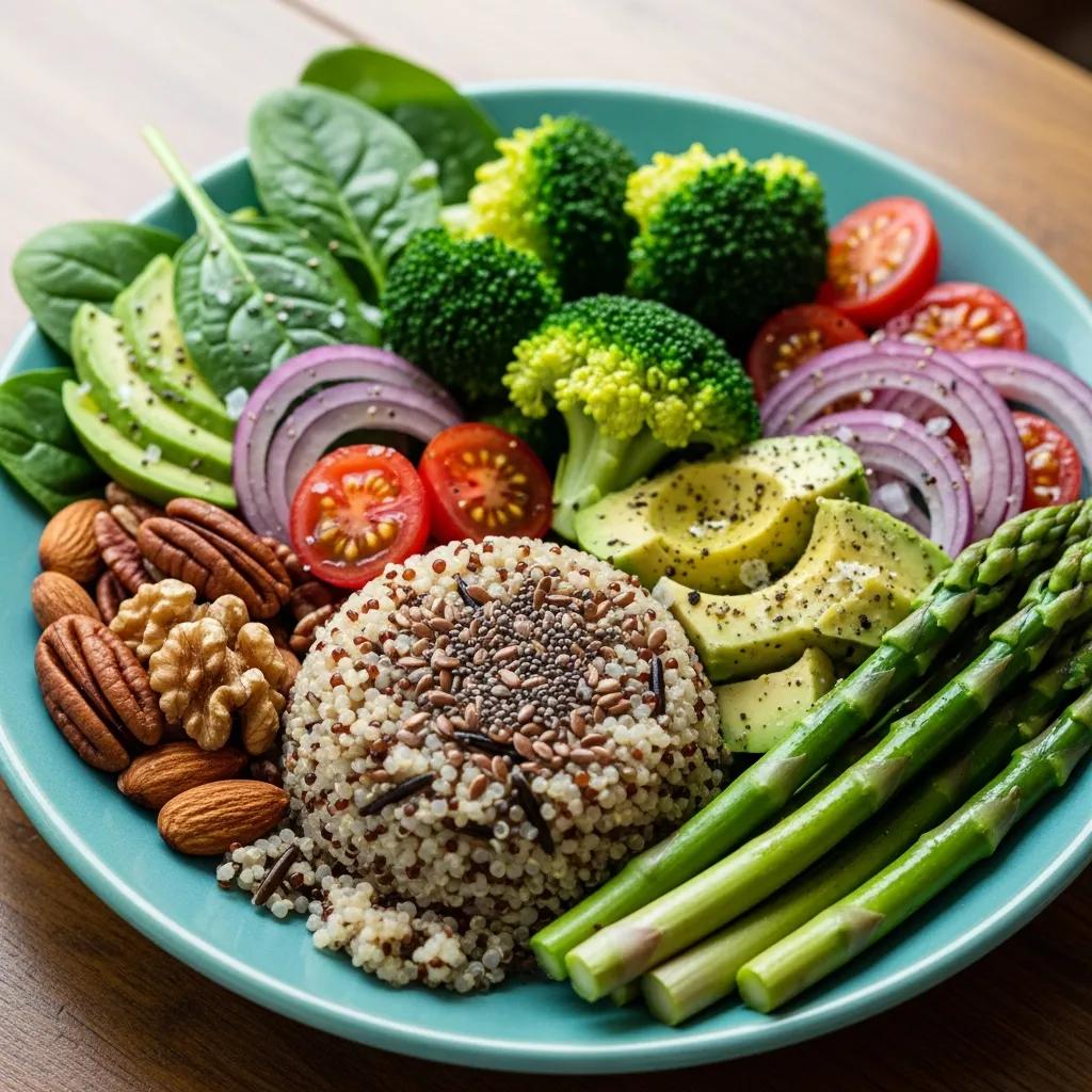 Bunter Teller mit gesunden Lebensmitteln zur Unterstützung stabiler Blutzuckerwerte