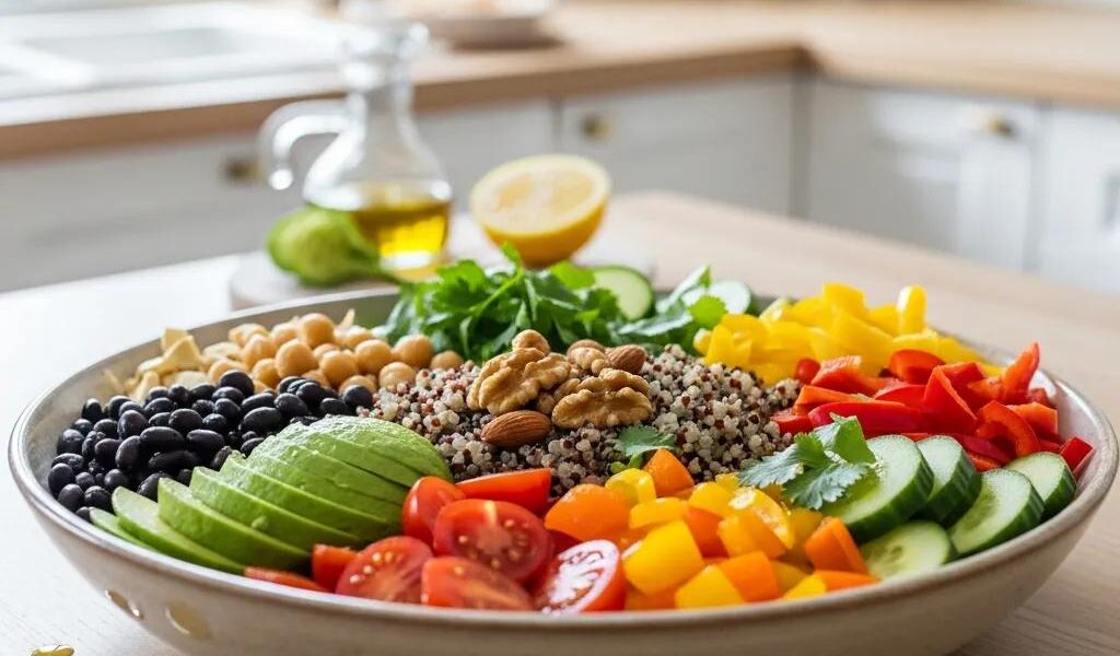 Colorful vegetarian meal featuring quinoa salad with beans and fresh vegetables, promoting healthy eating for muscle gain