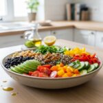 Colorful vegetarian meal featuring quinoa salad with beans and fresh vegetables, promoting healthy eating for muscle gain