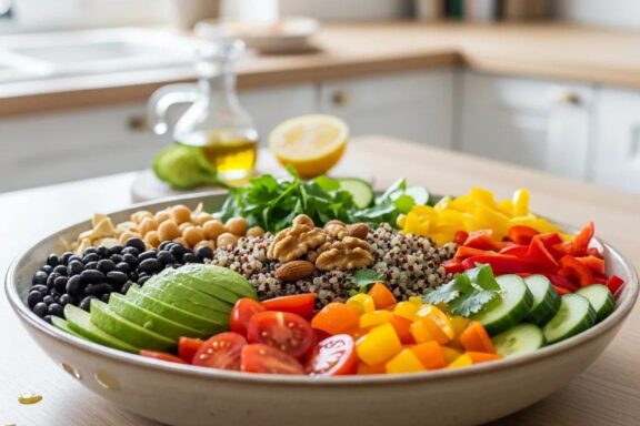 Colorful vegetarian meal featuring quinoa salad with beans and fresh vegetables, promoting healthy eating for muscle gain