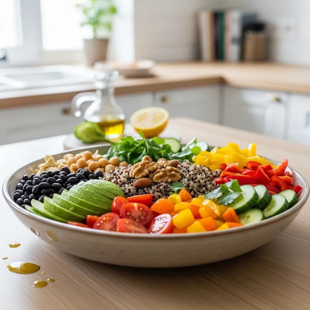 Colorful vegetarian meal featuring quinoa salad with beans and fresh vegetables, promoting healthy eating for muscle gain