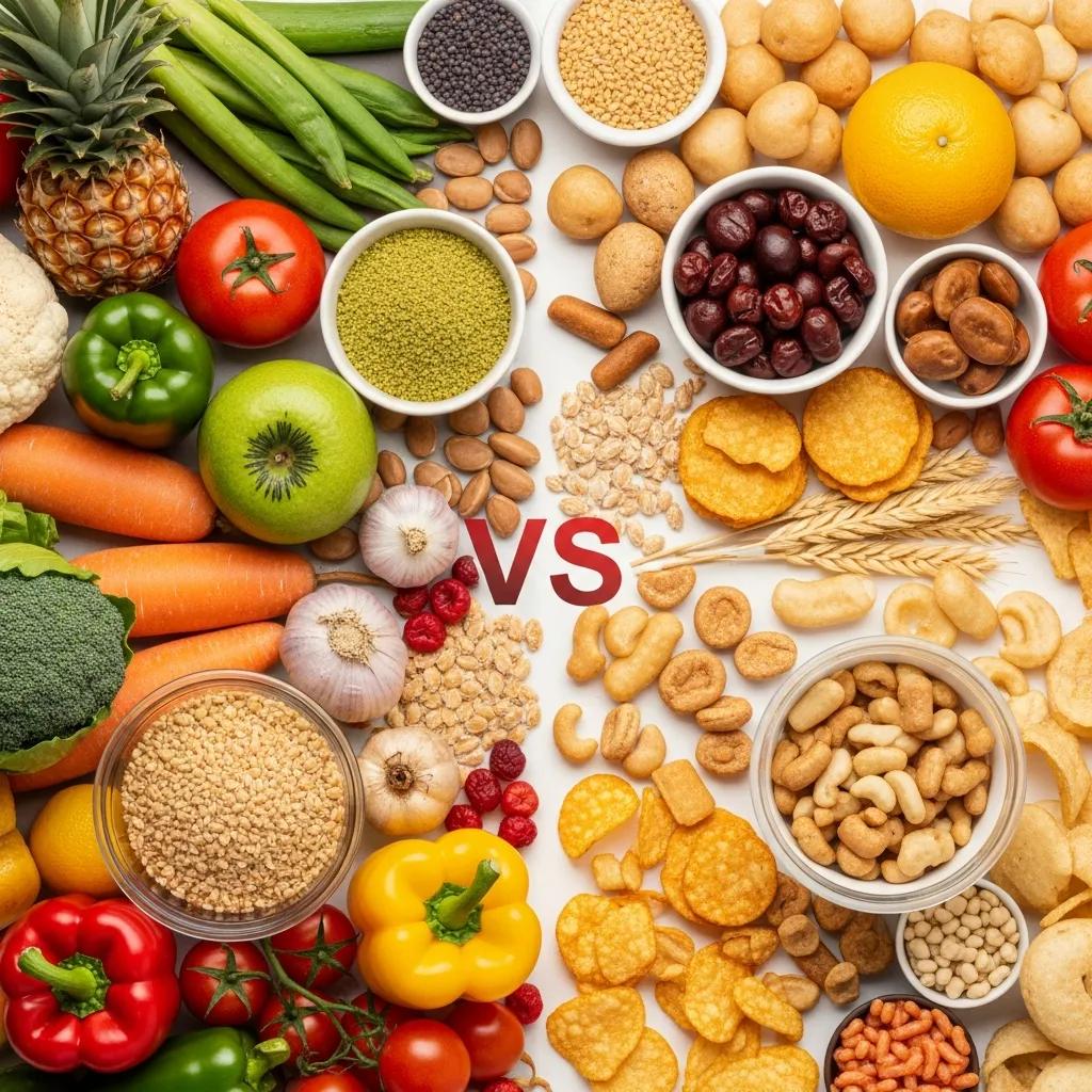 Vergleich: nährstoffdichte Lebensmittel versus ungesunde Snacks