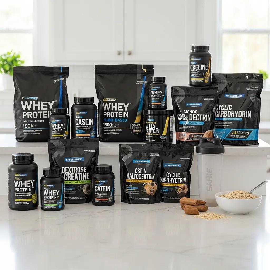 Protein‑ und Kohlenhydratpulver sowie Kreatin auf einer Küchenarbeitsfläche