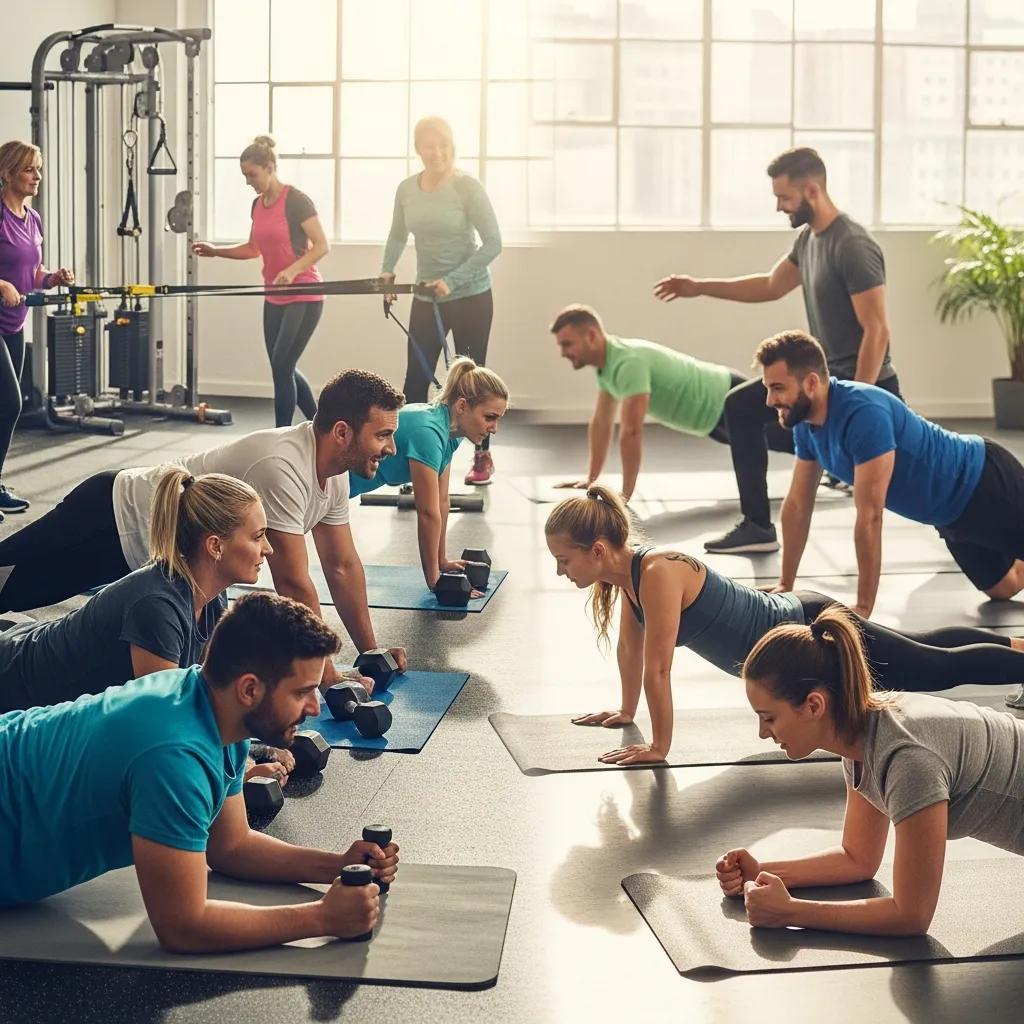Gruppe trainiert gemeinsam – flexibler Trainingsplan für Ektomorphe, zuhause und im Studio