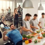Diverse group of endomorph individuals exercising and preparing healthy meals, emphasizing fitness and weight loss