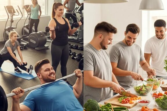 Diverse group of endomorph individuals exercising and preparing healthy meals, emphasizing fitness and weight loss