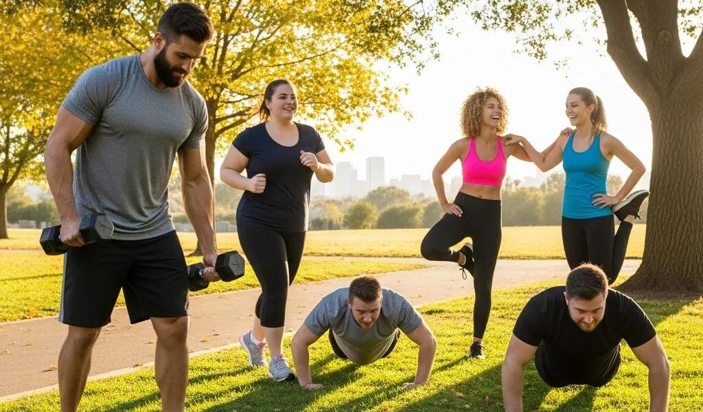Diverse group of endomorph individuals exercising together, promoting healthy lifestyle and fitness