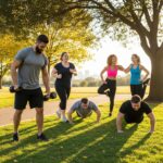 Diverse group of endomorph individuals exercising together, promoting healthy lifestyle and fitness