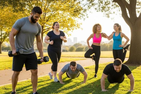 Diverse group of endomorph individuals exercising together, promoting healthy lifestyle and fitness