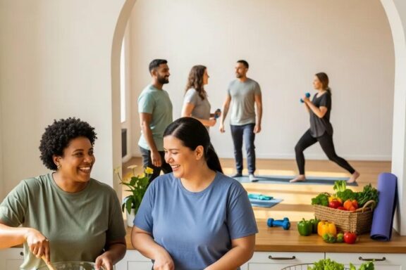 Diverse group of endomorphs cooking and exercising together, promoting sustainable weight loss