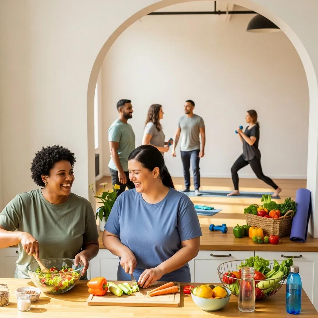 Diverse group of endomorphs cooking and exercising together, promoting sustainable weight loss