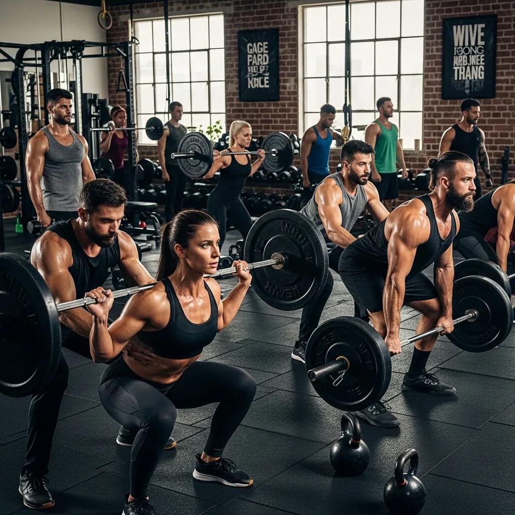 Gruppe trainiert mit schweren Gewichten im Fitnessstudio