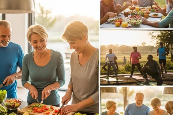 Diverse group of people over 40 engaging in healthy activities, emphasizing community and motivation for weight loss