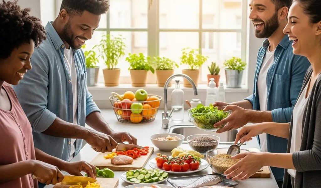 Diverse group preparing healthy meals in a bright kitchen, emphasizing endomorphic dietary challenges