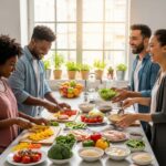 Diverse group preparing healthy meals in a bright kitchen, emphasizing endomorphic dietary challenges