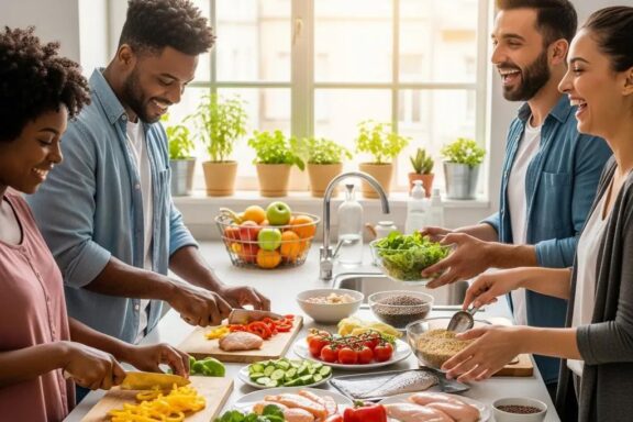 Diverse group preparing healthy meals in a bright kitchen, emphasizing endomorphic dietary challenges