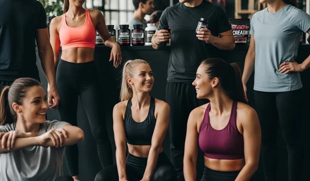 Verschiedene Personen im Fitnessstudio, die unterschiedliche Körpertypen beim Training und mit Supplements zeigen