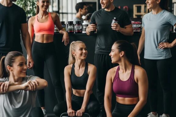 Verschiedene Personen im Fitnessstudio, die unterschiedliche Körpertypen beim Training und mit Supplements zeigen