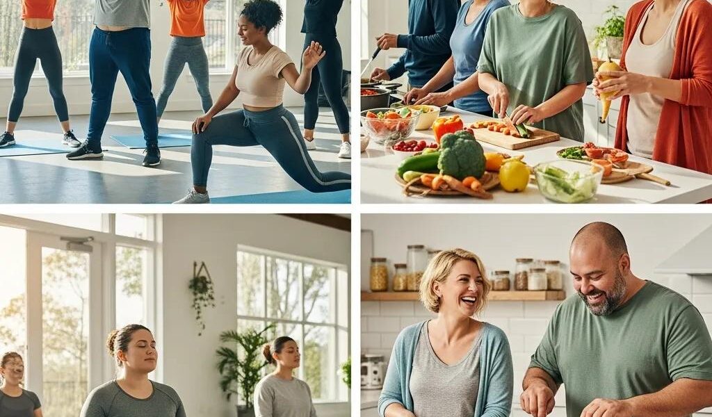 Diverse individuals with endomorphic body types engaging in healthy activities, promoting motivation and community in weight loss