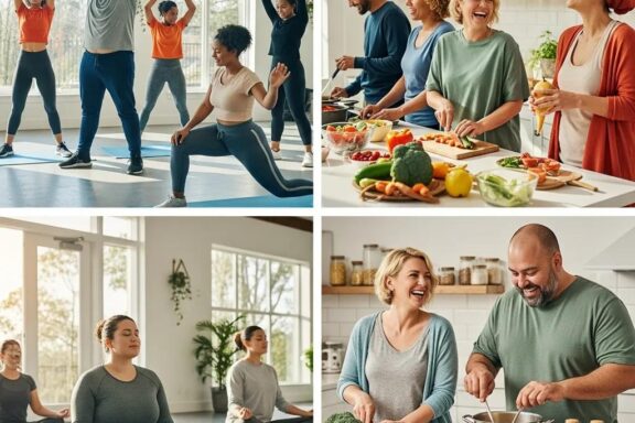 Diverse individuals with endomorphic body types engaging in healthy activities, promoting motivation and community in weight loss