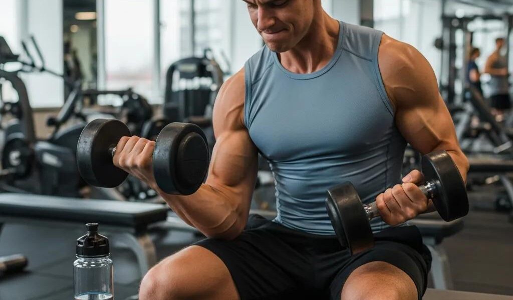 Ektomorph individual training with weights and healthy foods for weight gain