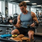 Ektomorph individual training with weights and healthy foods for weight gain