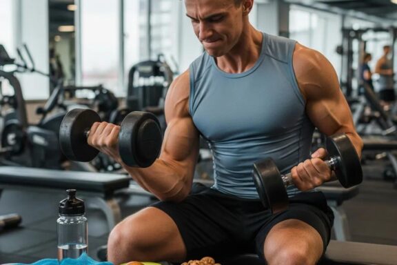 Ektomorph individual training with weights and healthy foods for weight gain