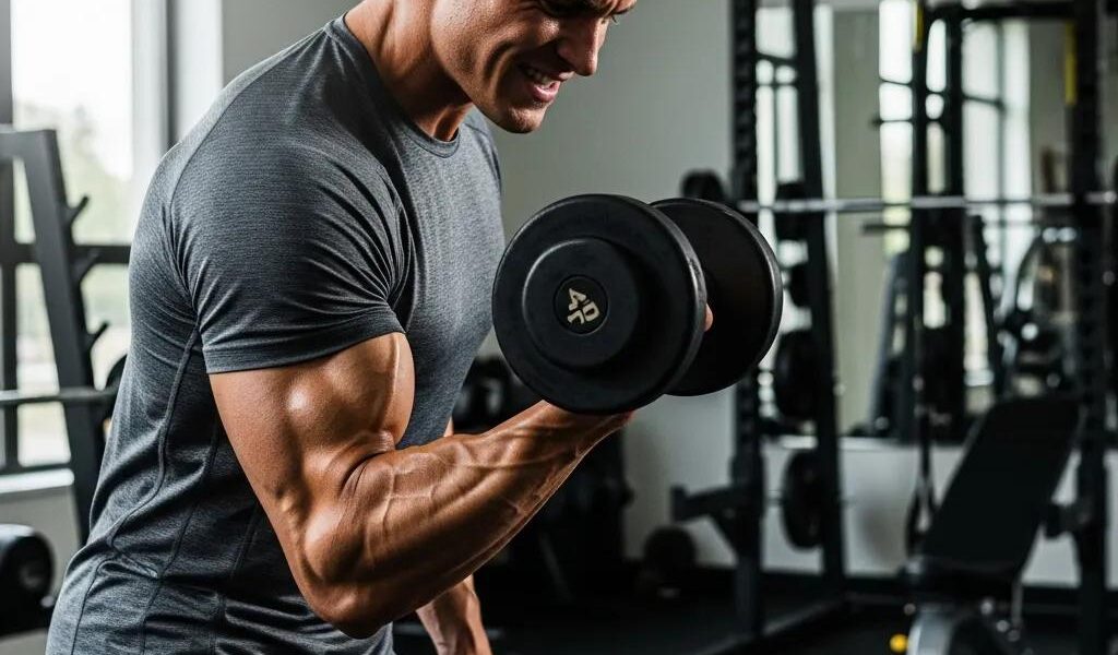 Ektomorph individual working out in a gym, emphasizing muscle building and transformation