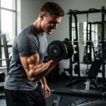 Ektomorph individual working out in a gym, emphasizing muscle building and transformation