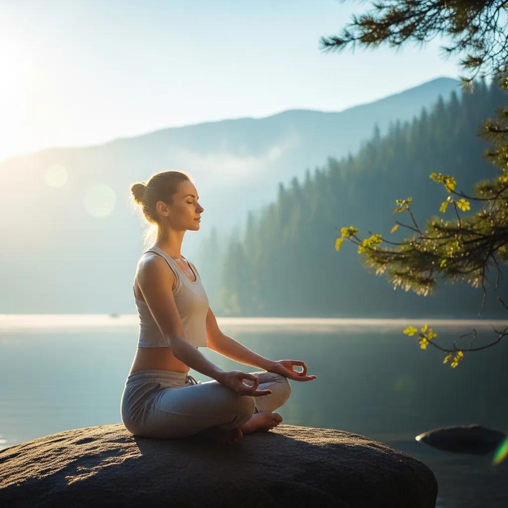 Ektomorph practicing stress management through yoga in a peaceful outdoor environment