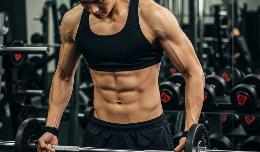 Fit ectomorph individual lifting weights in a gym, showcasing muscle definition and determination