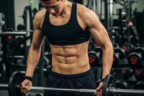 Fit ectomorph individual lifting weights in a gym, showcasing muscle definition and determination