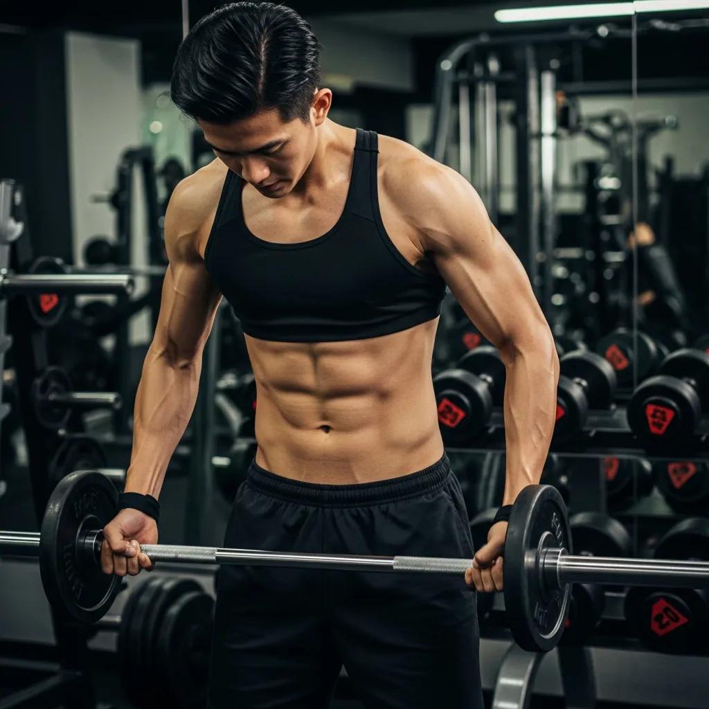 Fit ectomorph individual lifting weights in a gym, showcasing muscle definition and determination