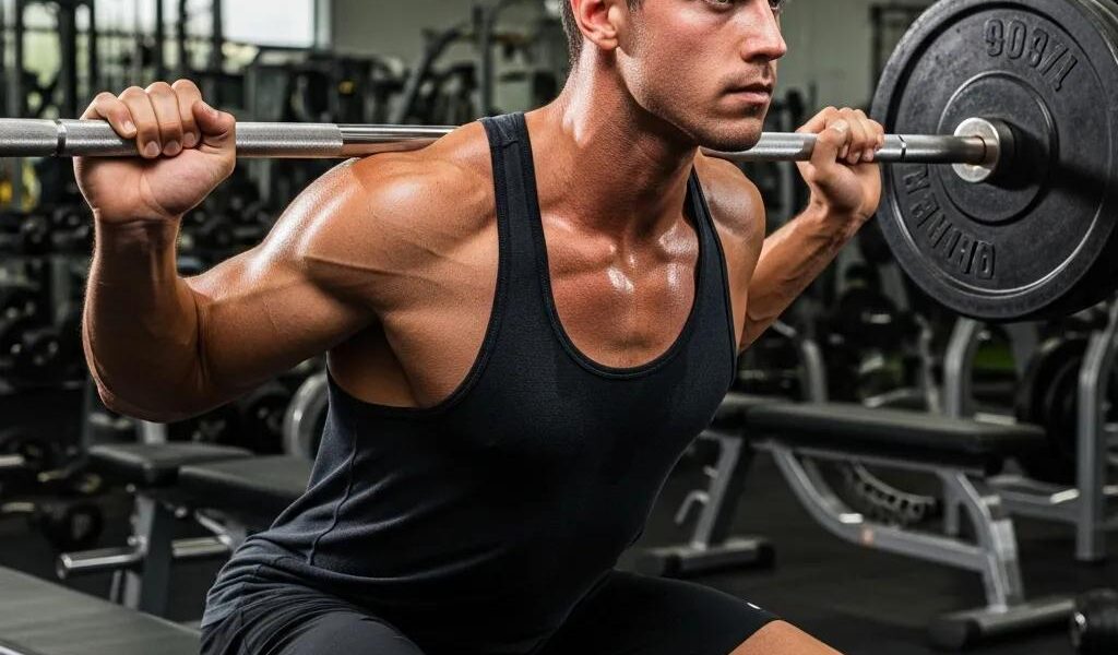 Fit ectomorph individual strength training in a gym, emphasizing muscle building without fat gain