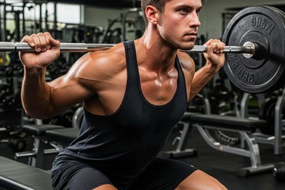 Fit ectomorph individual strength training in a gym, emphasizing muscle building without fat gain