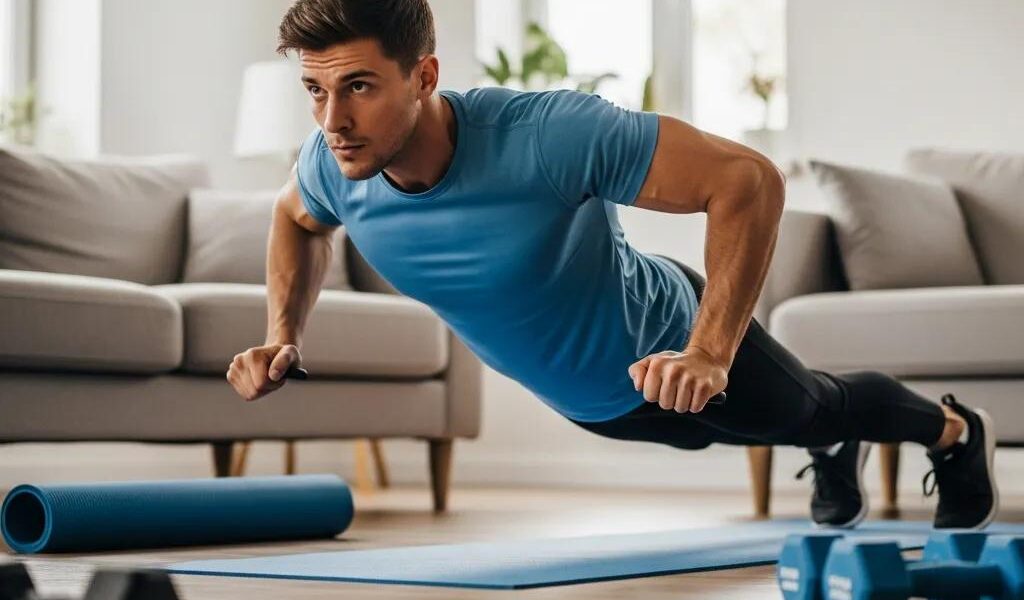 Fit individual performing a home workout focusing on strength training for ectomorphs