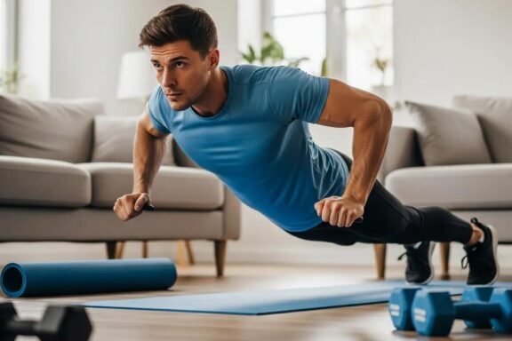 Fit individual performing a home workout focusing on strength training for ectomorphs