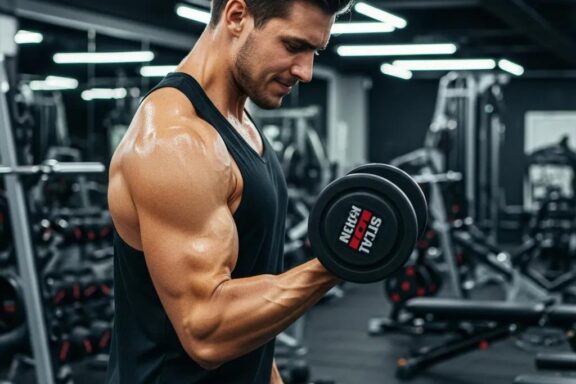 Fit individual with mesomorphic body type lifting weights in a gym, showcasing strength and definition