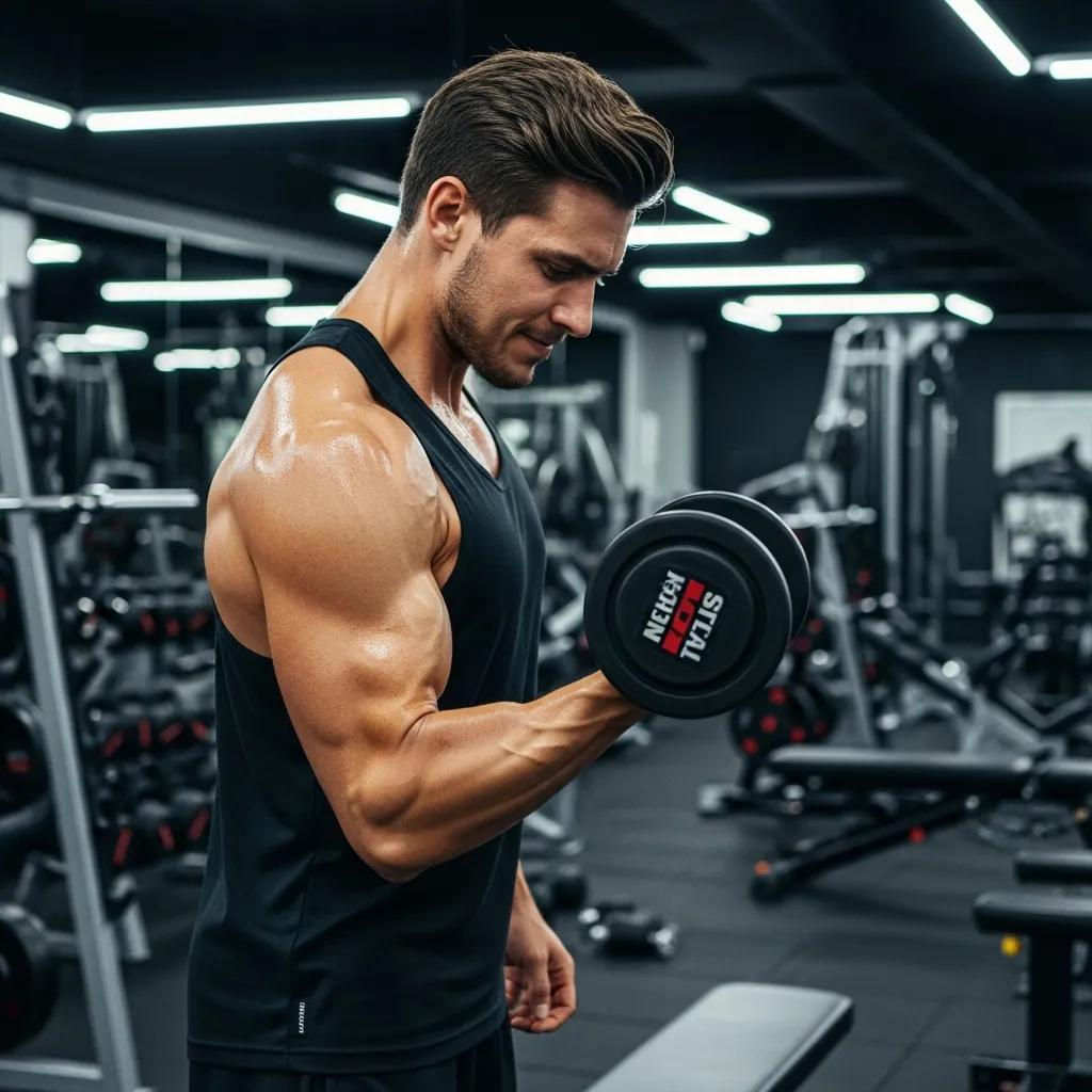 Fit individual with mesomorphic body type lifting weights in a gym, showcasing strength and definition